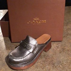 Coach metallic silver clog mules